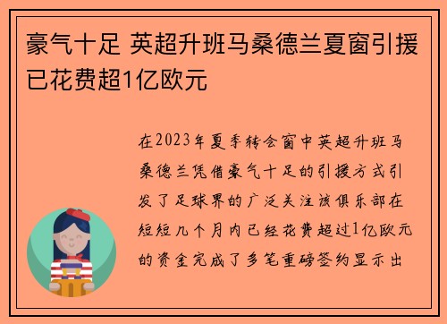 豪气十足 英超升班马桑德兰夏窗引援已花费超1亿欧元