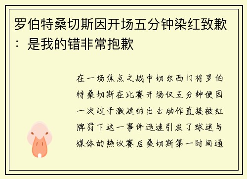 罗伯特桑切斯因开场五分钟染红致歉：是我的错非常抱歉