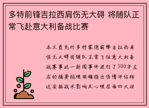 多特前锋吉拉西肩伤无大碍 将随队正常飞赴意大利备战比赛
